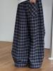 Navy Blue Retro Plaid Wide-Leg Elastic Drawstring Trousers for Women and Children - Autumn/Winter Fashion