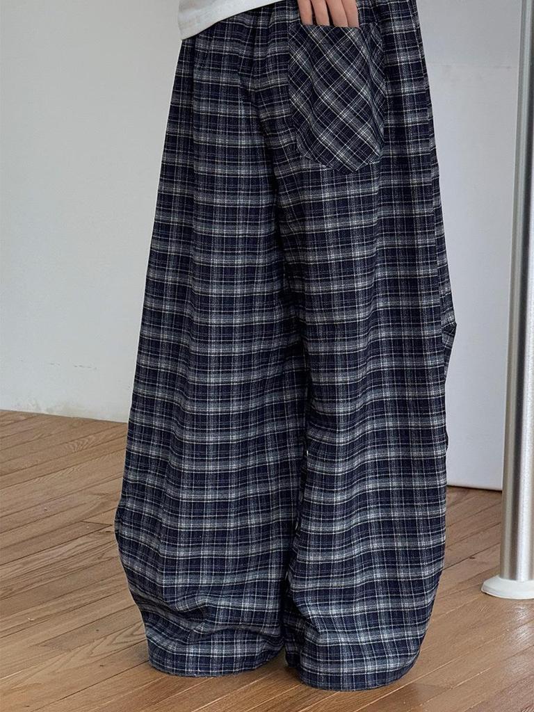 Navy Blue Retro Plaid Wide-Leg Elastic Drawstring Trousers for Women and Children - Autumn/Winter Fashion