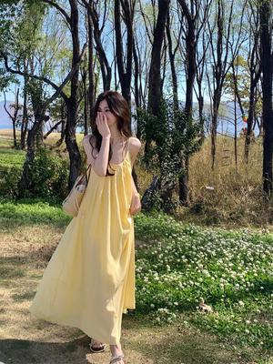 French Yellow Suspender Dress Women's Clothing Summer Seaside Vacation Style Wear Skirt Loose A-shaped Skirt Long Skirt