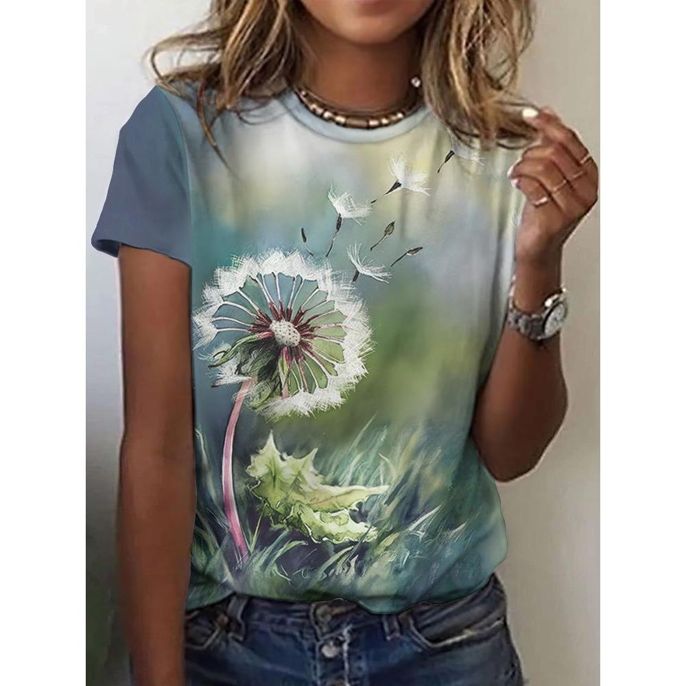 Camiseta com padrão impresso em 3D, verão e primavera, manga curta, gola redonda, top casual, roupa feminina