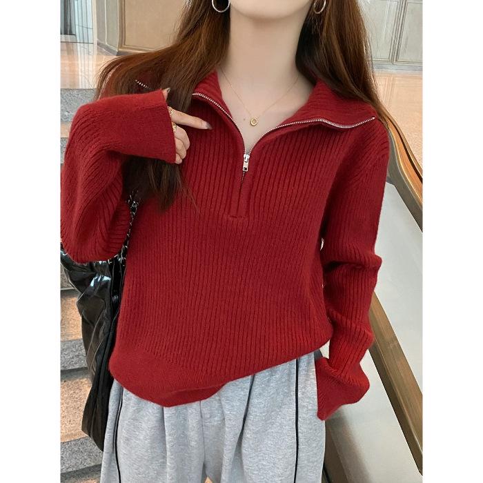 Women's Half-Zip Sweater, Loose Knitwear with Lapel Design, for Spring and Autumn 2026.