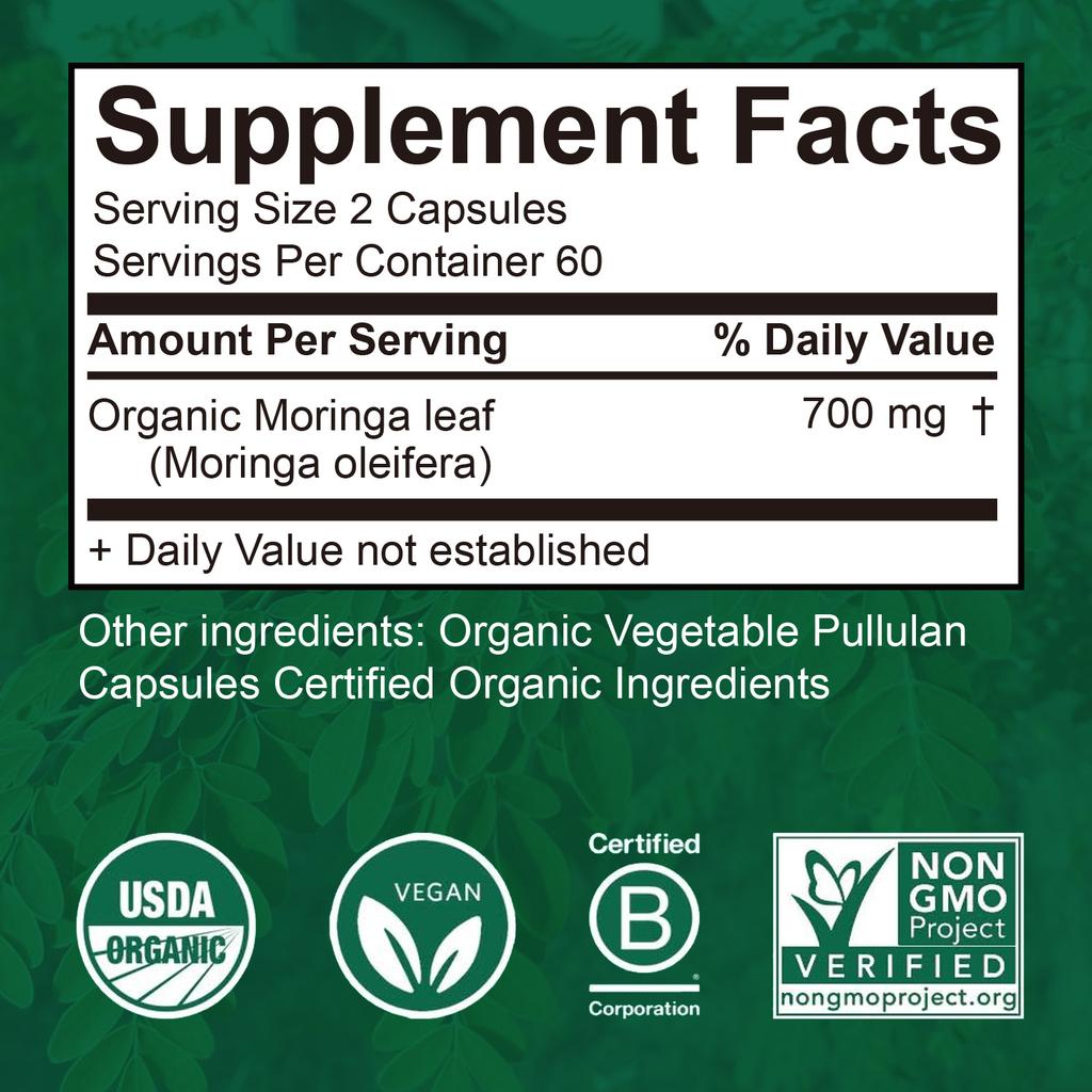 Moringa extract capsules, 700 mg per serving, adult immune support.