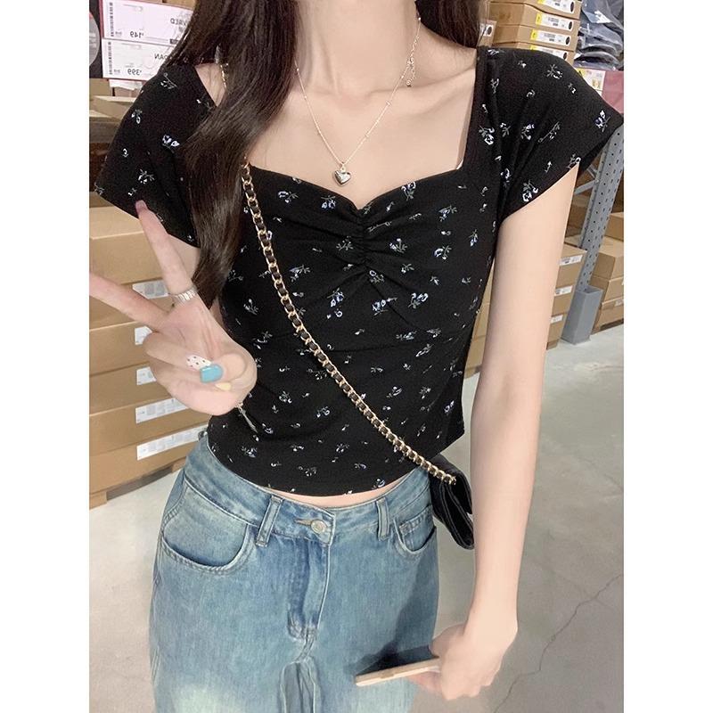 Pure desire to pinch pleated square collar with exposed collarbone short sleeve bm floral short navel T-shirt front shoulder slim-fitting small top