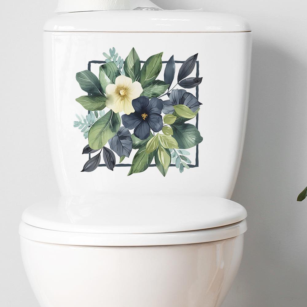Fresh Green Leaves and Flowers Toilet and Wall Sticker Set Waterproof Self-Adhesive Removable Decal for Bathroom WC Decoration