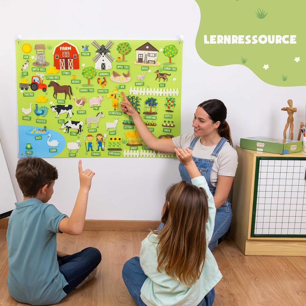 BONNYCO Felt Board with 92 Farm Animals Figures. Montessori Toys and Birthday Gifts for Children from 3 to 8 Years.  Farm Educational Games