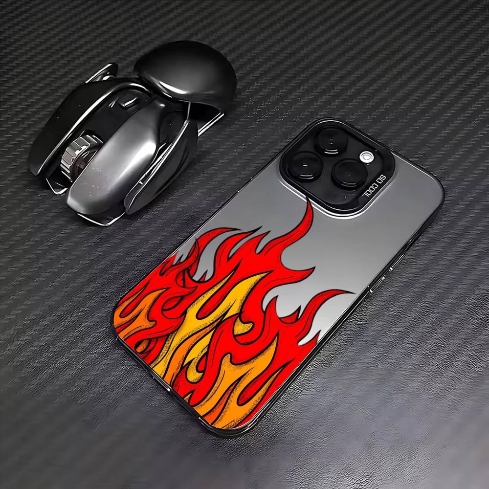 COOL Fashion Flames Phone Case For iPhone17,16,15,14,13,12,11 Plus,Pro Max Colored Silver Plated Inside Cover