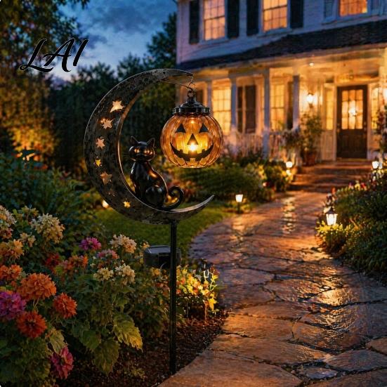Warm Atmosphere Lights for Fall Parties Solar Halloween Black Cat & Pumpkin Moon Garden Stake Light Waterproof on Decorative Stakes Candy Nights