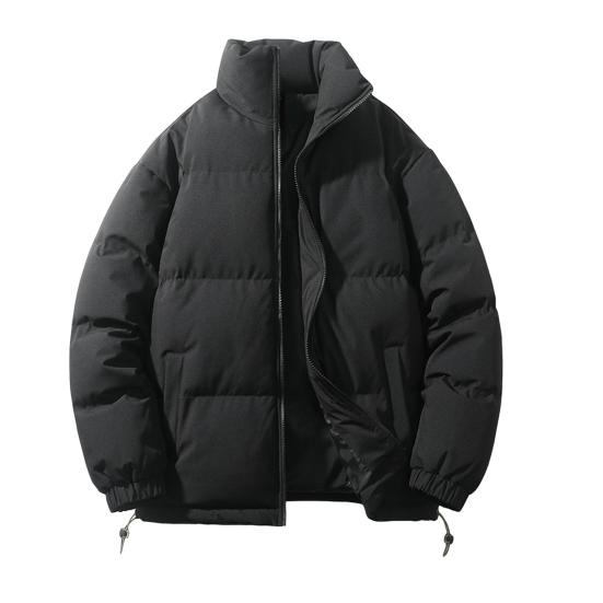 Women Men Cotton Coat Stand Collar Long Sleeve Drawstring Hem Puffer Jacket with Pockets Loose Fit Warm Winter Outerwear