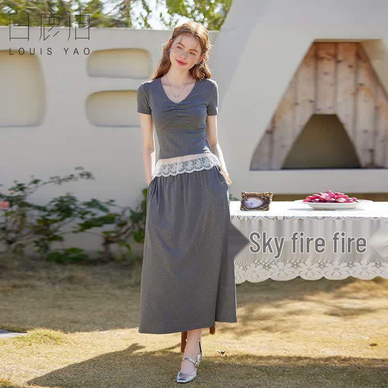 Women s V-Neck Pleated Ruffle Two-Piece Skirt Set XL