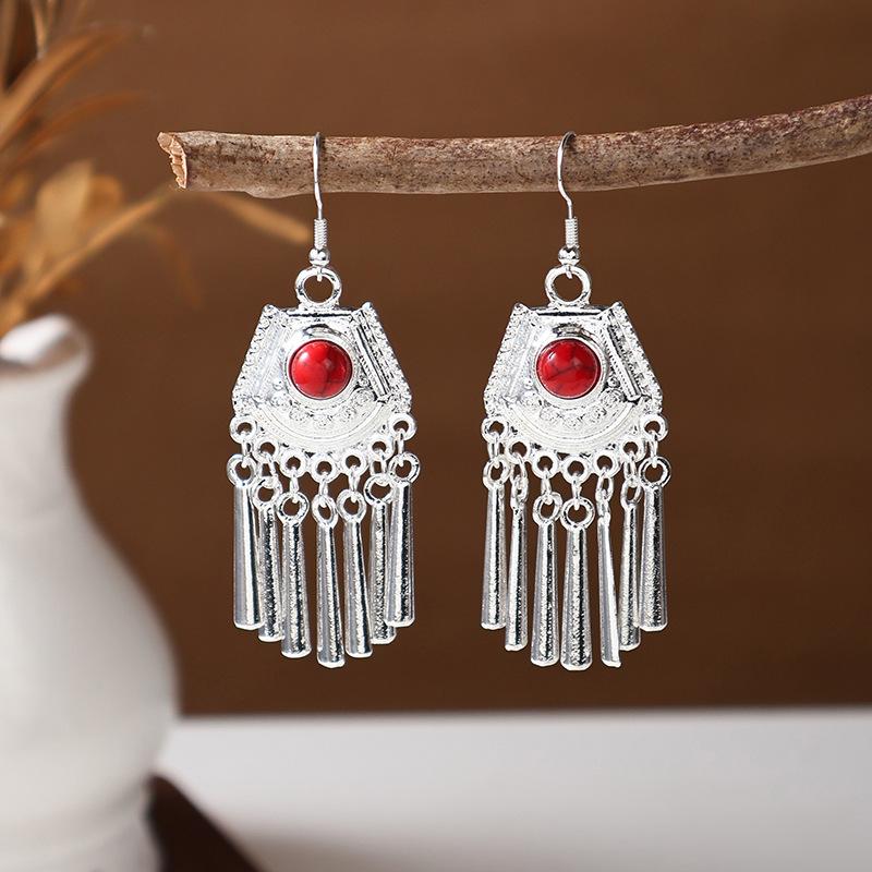 Ethnic Miao Silver Tassel Earrings - Retro Long Dangle Scenic Studs for Women
