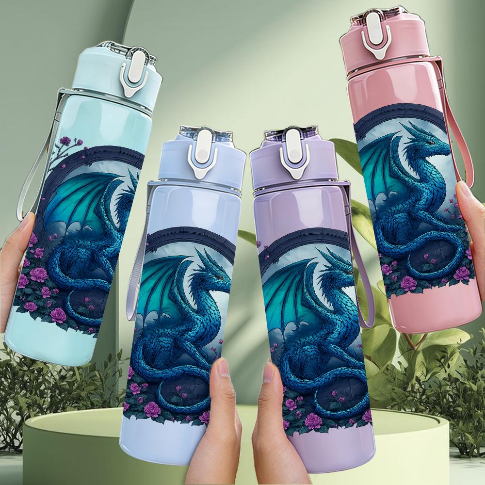 1PC Dark Blue Dragon Emblem 750ml Color Plastic Sports Water Bottle Leakproof Flip Straw Lid For Sports Office Home Use