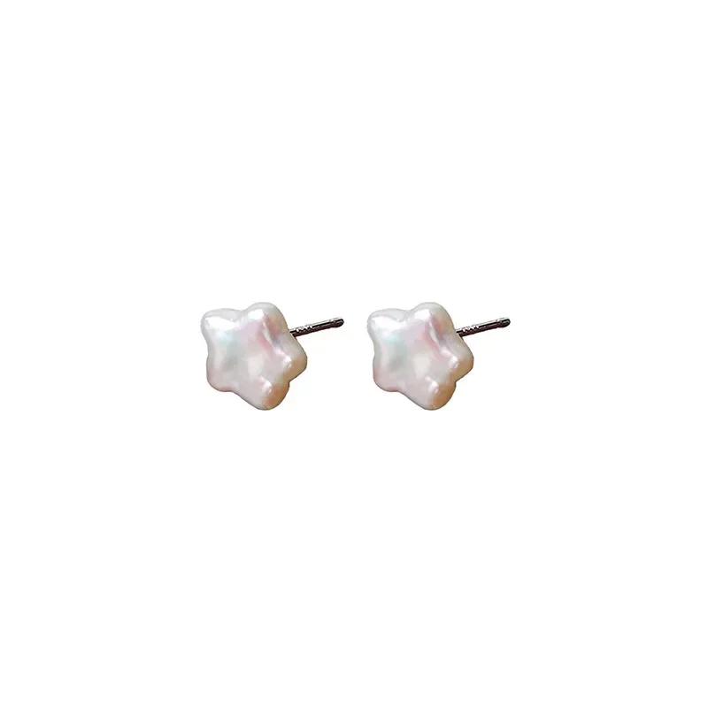 HENGSHENG 9-10mm Natural Freshwater Pearl Stud Earrings Baroque Star 925 Sterling Silver Earrings for Women Jewelry Gift Silver color звезда