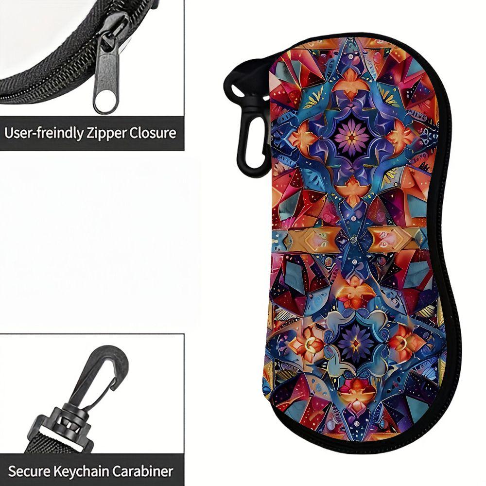 2D-Bohemian Geometric Floral Print Sunglasses Case, Vintage Kaleidoscope Pattern Eyeglass Pouch, Protective Zipper Eyewear Holder for Travel Gift