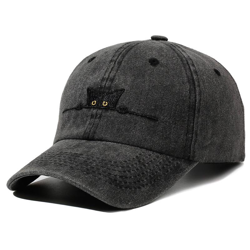 Cat Embroidery Washed Baseball Cap Versatile Fashion Daddy Cap Adjustable Sunscreen Sports Cap Spot Black