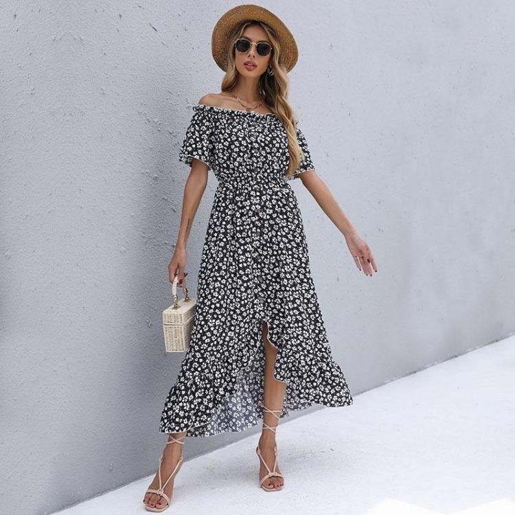 Vestido Casual de Verão Feminino Floral Cintura Alta Manga Curta Irregular Longo Decote Assimétrico S-XL