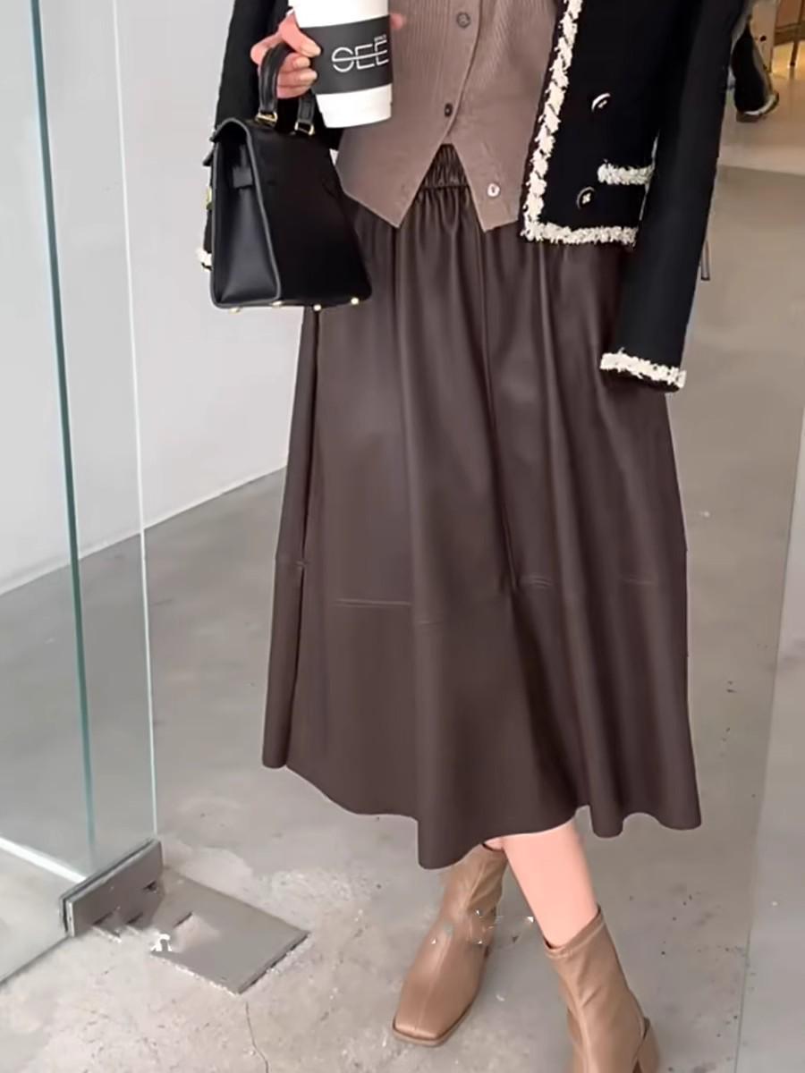 

2024 Осень/Зима Женская Ретро Юбка-зонт А-силуэта из ПУ кожи - С высокой талией, Миди, Кофейного цвета. Small