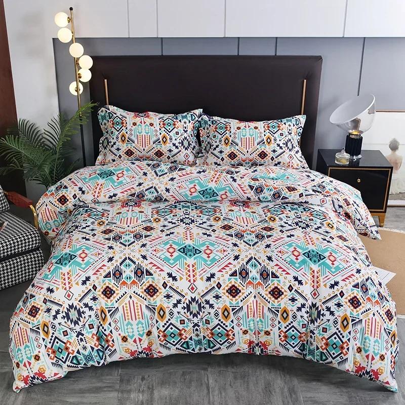 3pcs Boho Bedding Set Striped Geometric Duvet Cover and Pillowcases in Brown Ethnic and Traditional Style Soft Cozy Quilt Covers