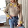 Women's Short Navel Top Knitted Sweater Autumn and Winter Hand Hooked Flared Sleeve Half Turtleneck Pullover Sweater