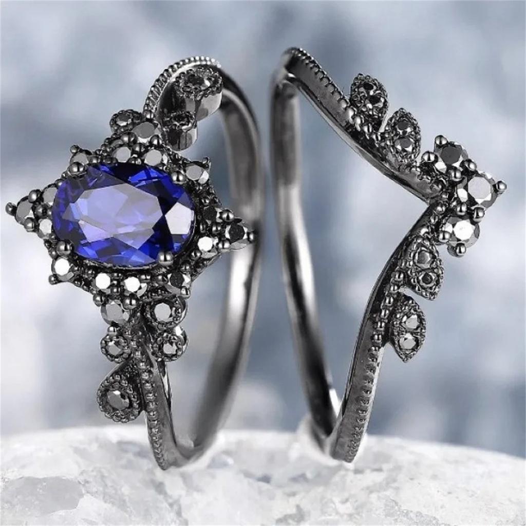 2Pcs/Set Fashion Black Gold Color Blue Rhinestone Zircon Rings For Women Full Crystal Rings Wedding Engagement Jewelry Gifts