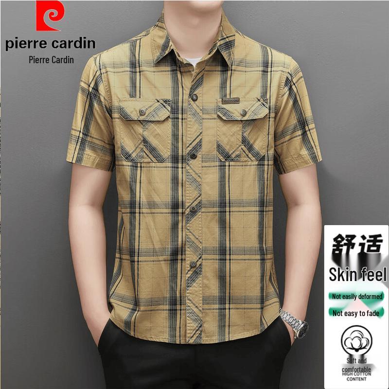 Pierre Cardin Men's Summer Plaid Pure Cotton Short Sleeve Shirt