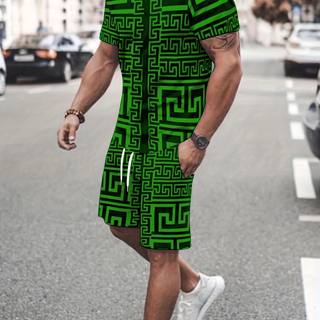 2ks pyžamová sada pro pánské 3D plošné spoje s potiskem - Pohodlné společenské oblečení se Slim Fit topy a šortkami pro sport a fitness
