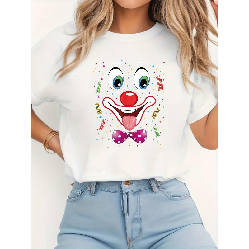 

Женская футболка с принтом клоуна - Красный нос, большие глаза и смеющееся лицо, Повседневная футболка с круглым вырезом и короткими рукавами для весны/лета, S белый