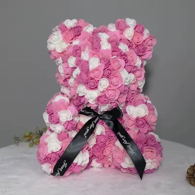 Umělé květiny 25cm Medvídek z růží Dárek pro přítelkyni k výročí, Vánocům, Valentýnu, Narozeninový dárek na svatební hostinu
