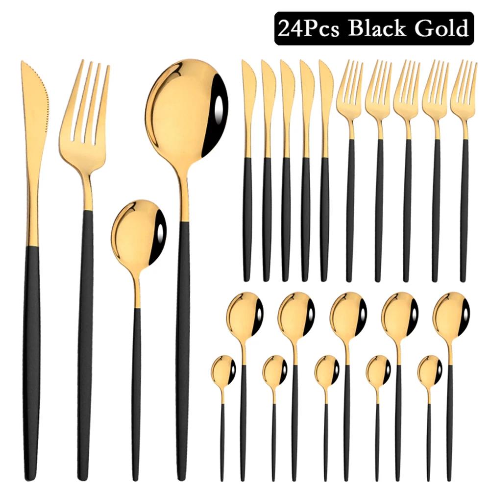 24Pcs Luxury Cutlery Stainless Steel Tableware Mirror Gold Dinnerware Set Western Knife Fork Spoon Flatware Kitchen Silverware