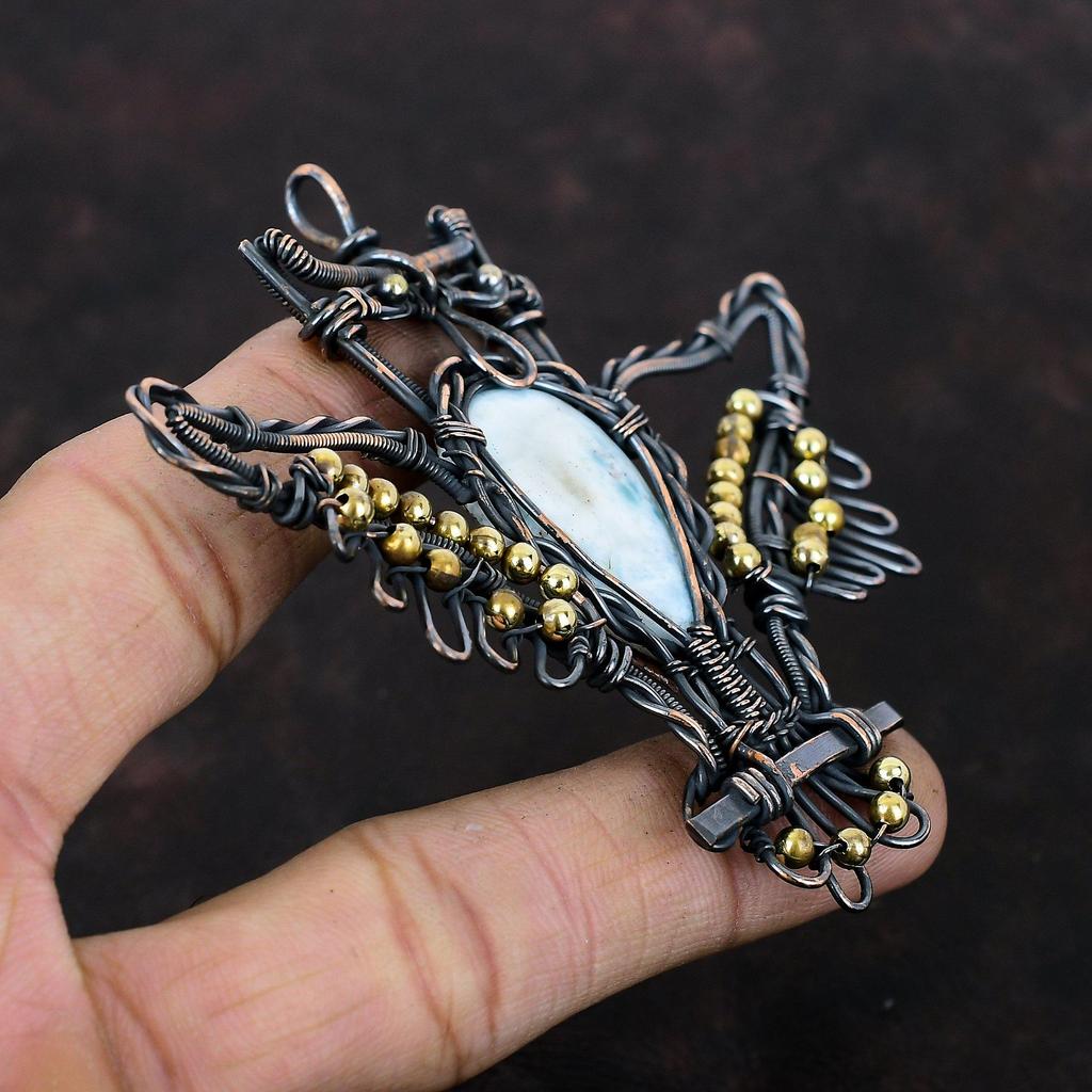 Larimar Pendant Copper Wire Wrapped Pendant Gemstone Pendant Owl Pendant Copper Wire Wrap Jewelry Handmade Pendant Larimar Jewelry For Gift