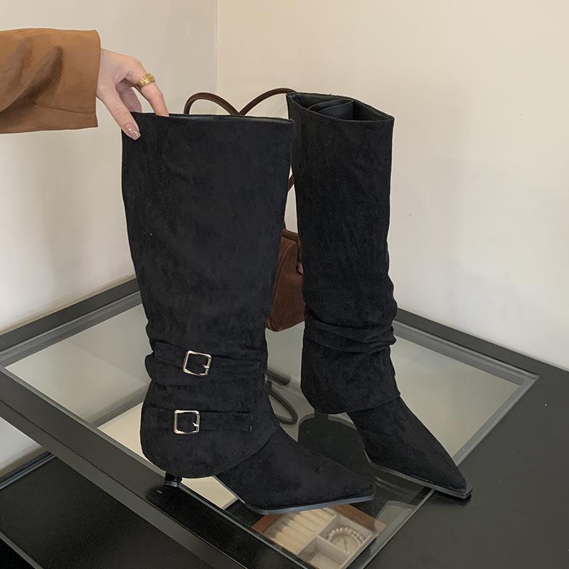 Suede pointed pleated piled boots women's 2025 autumn and winter new removable two-wear thin heel boots high heel short boots