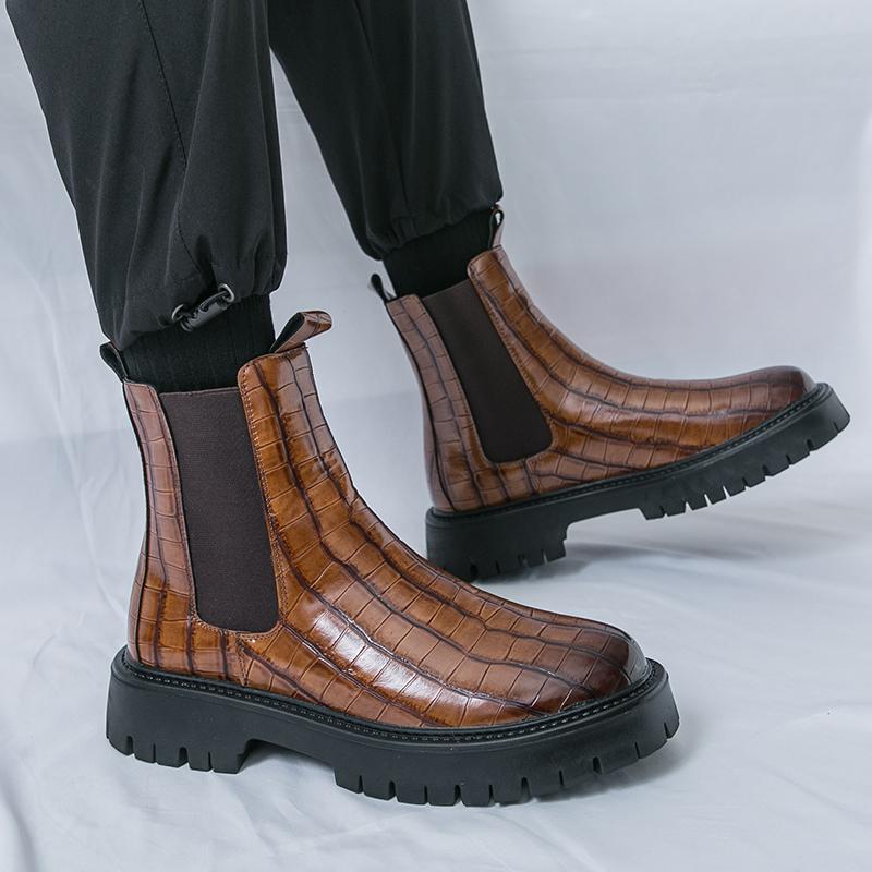 Men’s Retro Punk Thick Sole Platform Boots Black Chelsea Motorcycle Boots High Boots Plus Size