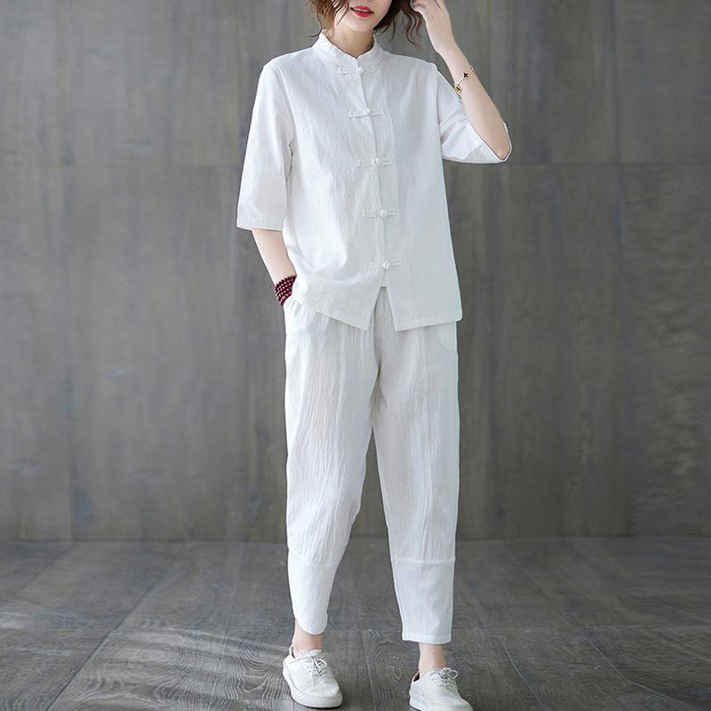 Summer Comfortable Women's Cotton-Linen Two Pieces Suit Sets Classic