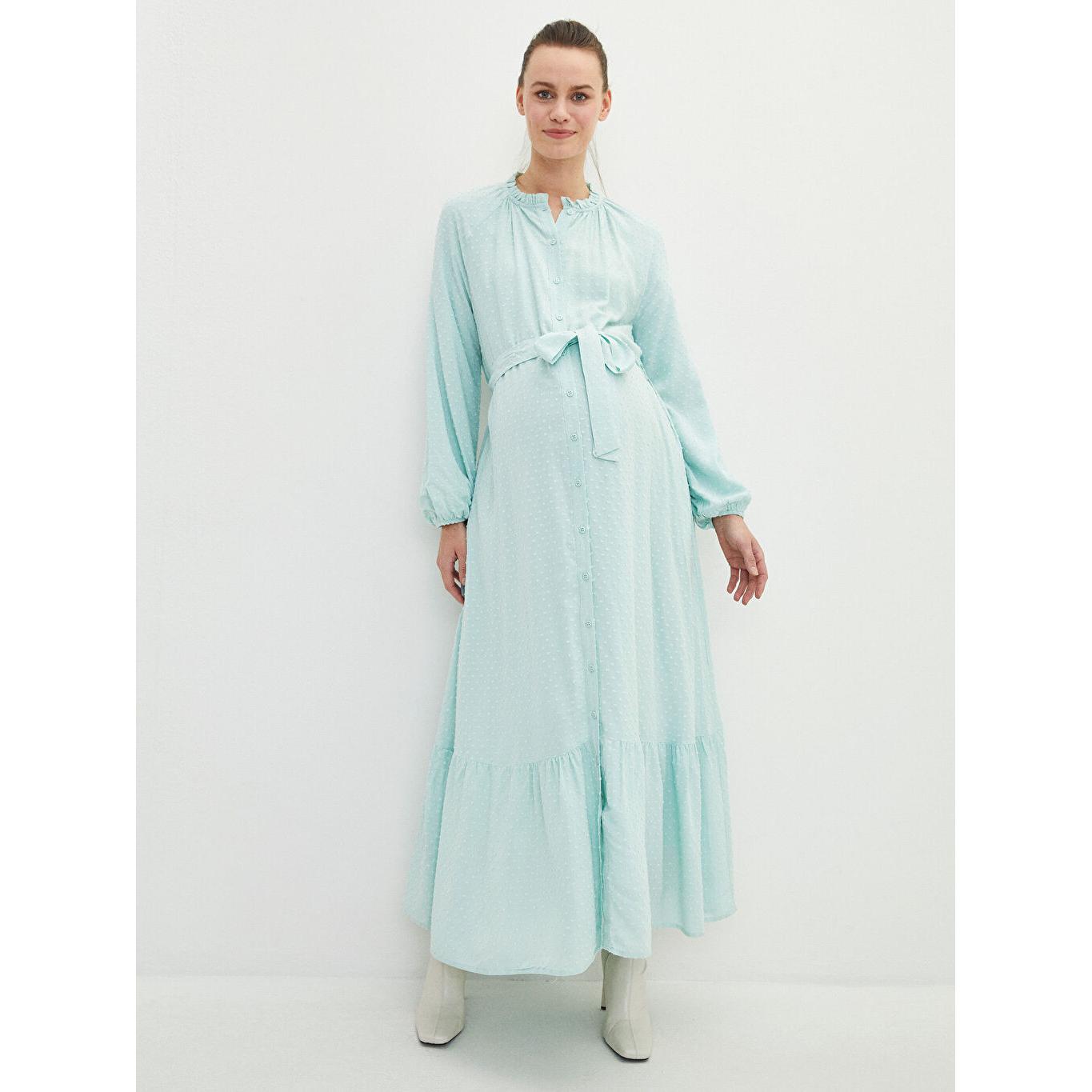 

Платье для беременных из поплина с длинными рукавами и воротником-стойкой с оборками, бирюзовое