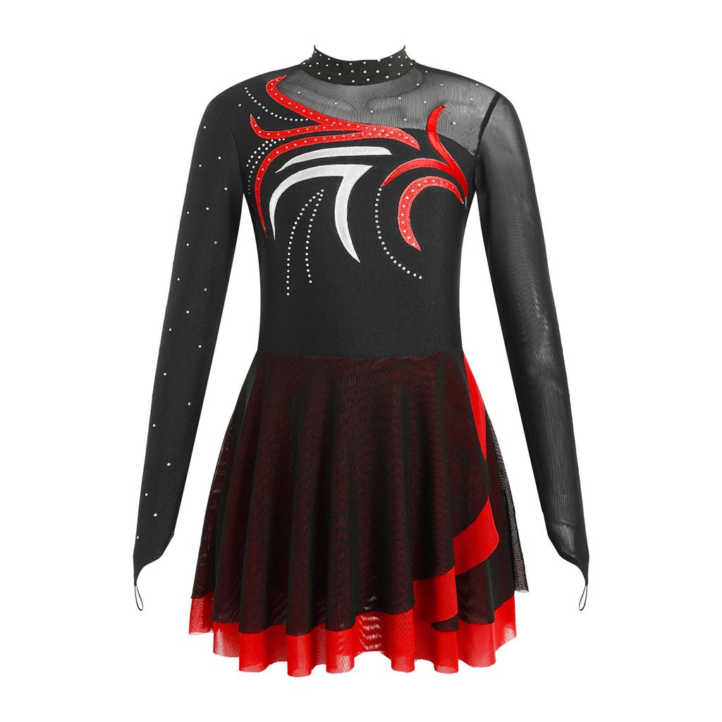 Girls Figure Skating Dress with Sparkly Rhinestones Sheer Mesh Patchwork Long Sleeve for Dance Performance
