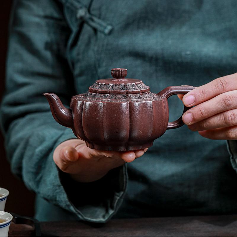 

300ml Handmade Yixing Purple Clay Teapots Handmade Rib Jade Bowl Pot Raw Ore Purple Mud Kettle With Strainer Zisha Tea Set Craft