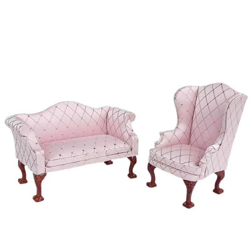 Miniature Pink Quilted Armchair Wooden Doll Furniture 1/12 Scale For Living Room Scene Accessories