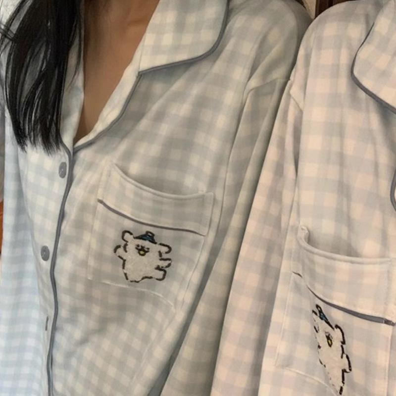 Autumn Pajamas Female Cute Plaid Comfortable Cotton Cardigan Age-Reducing Fashion Versatile Long-Sleeved Trousers Loungewear Suit