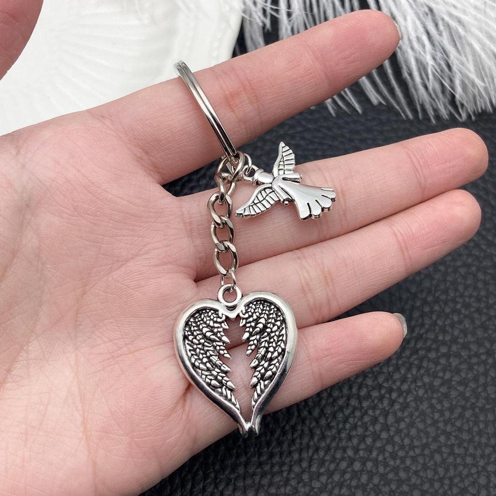 Antique Silver Angel Wings Heart Keychain Pendant