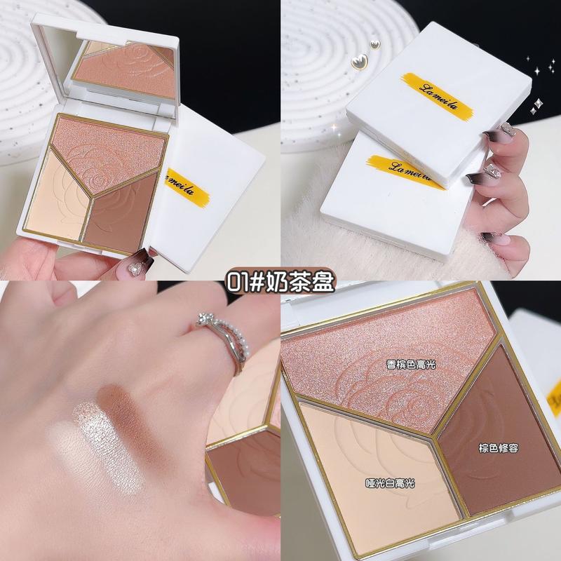 

3-in-1 Highlight and Contour Palette - Brightening Nose Shadow, Cheek Shade, and Blush - Matte and Pearl Finishes Combined Bronzer Makeup 1#Milk Tea Tray