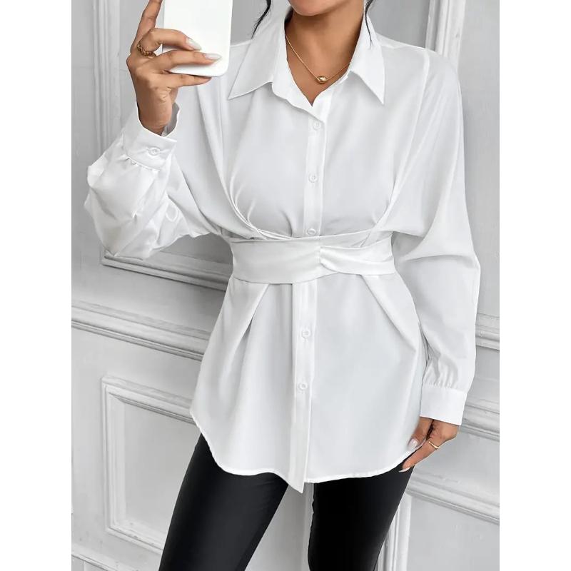 

Осенняя рубашка с отложным воротником и бантом на талии, утягивающая женская мода L белый