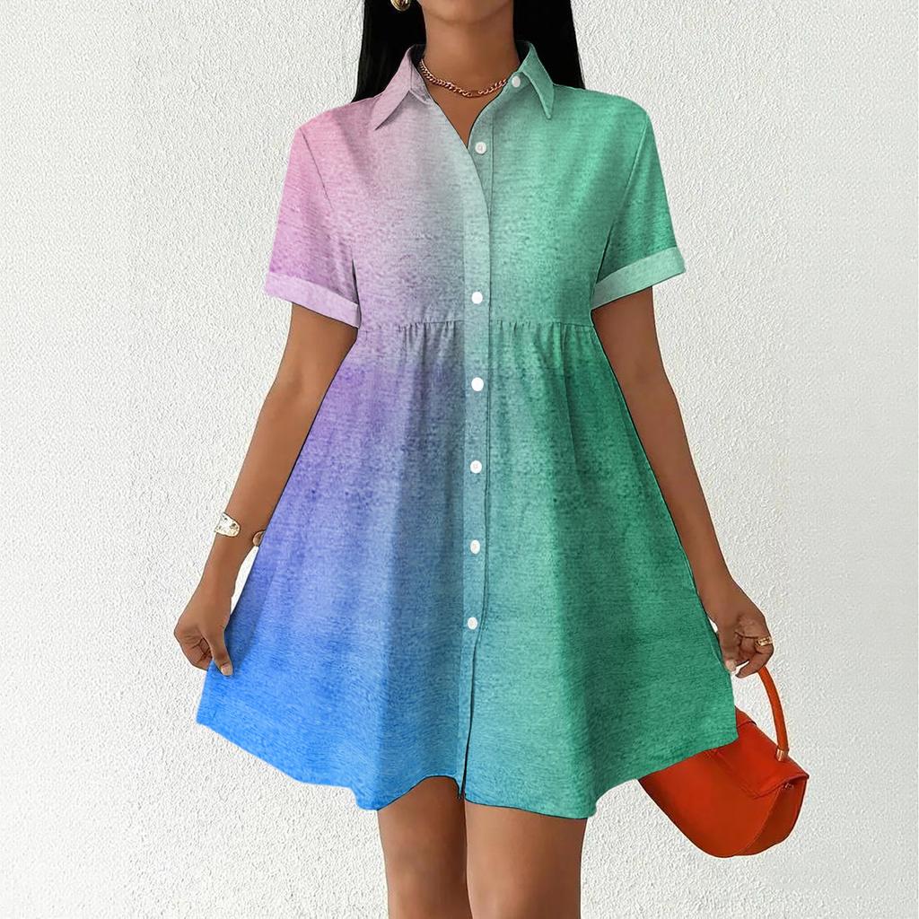Women’s Casual Loose Shirt Dress Button Front Stand Collar Short Sleeve Gradient Print Relaxed Fit Tunic Dress for Daily Wear
