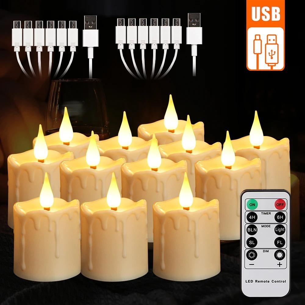 Realistic Flickering Flame LED Candle USB Rechargeable with Remote Waterproof 8H Timer for Wedding Holiday Home Decor Gift Set