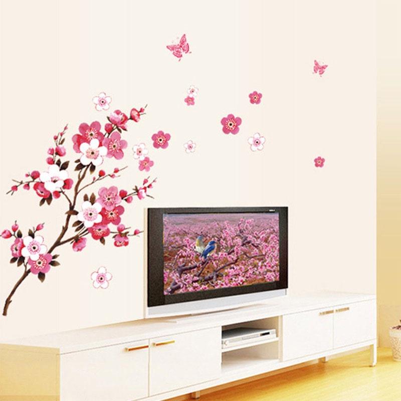 Beautiful 3d Room Peach Blossom Flower Butterfly Vinyl Art Decal For Home Mural Decoration