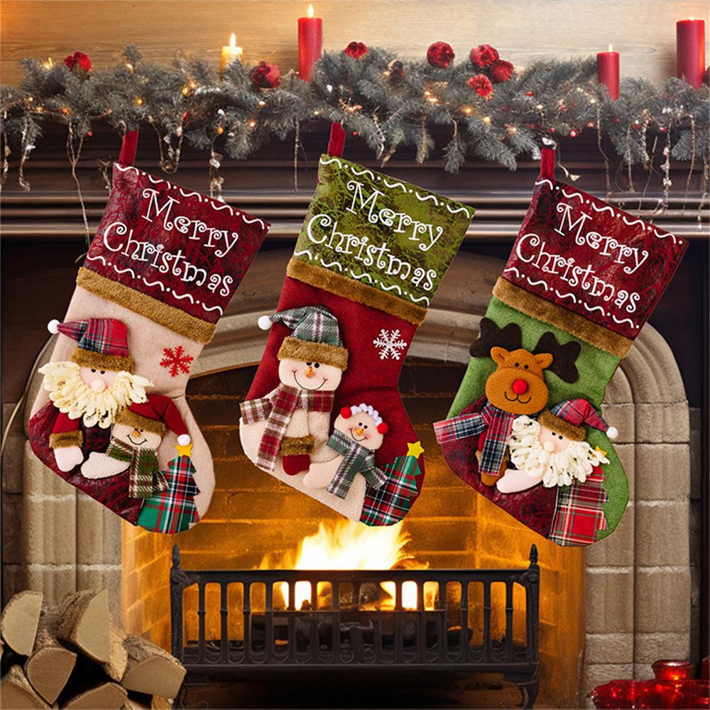 Christmas Stocking 3D Embroidered Design Large Gift Bag Xmas Sock for Children Holiday Decoration