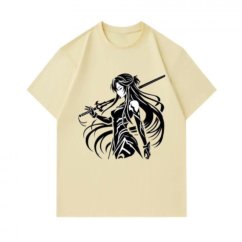 Men's 100% Cotton Crew Neck Short Sleeve T-Shirt, Cool Anime Female Samurai Sword Print Casual Tee, Comfortable Breathable Streetwear Top for Daily We