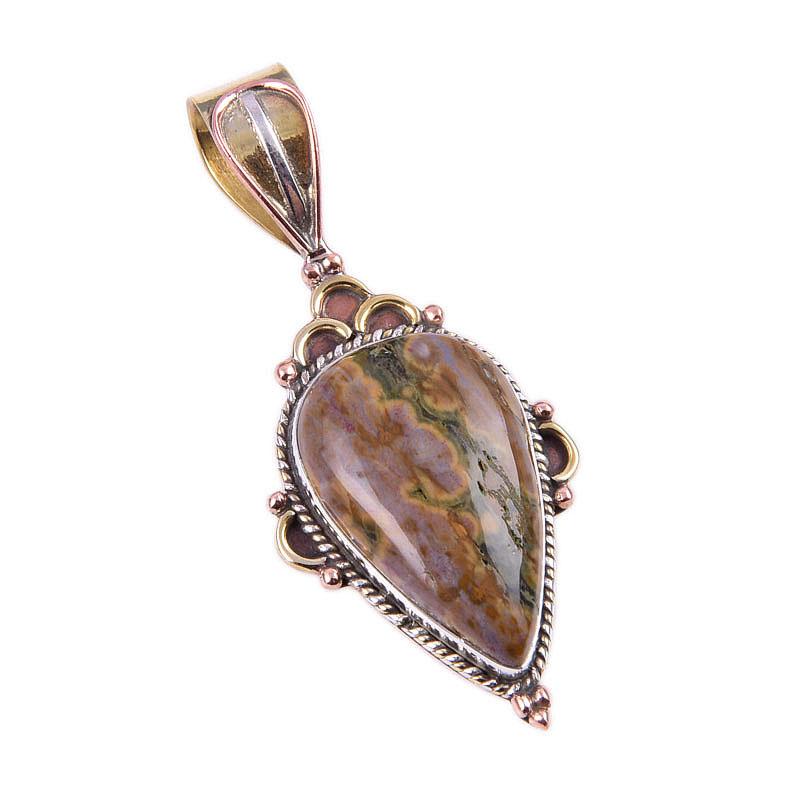 Natural Ocean Jasper 925 Solid Sterling Silver TwoTone Gift Pendant 1.75" Z3U90