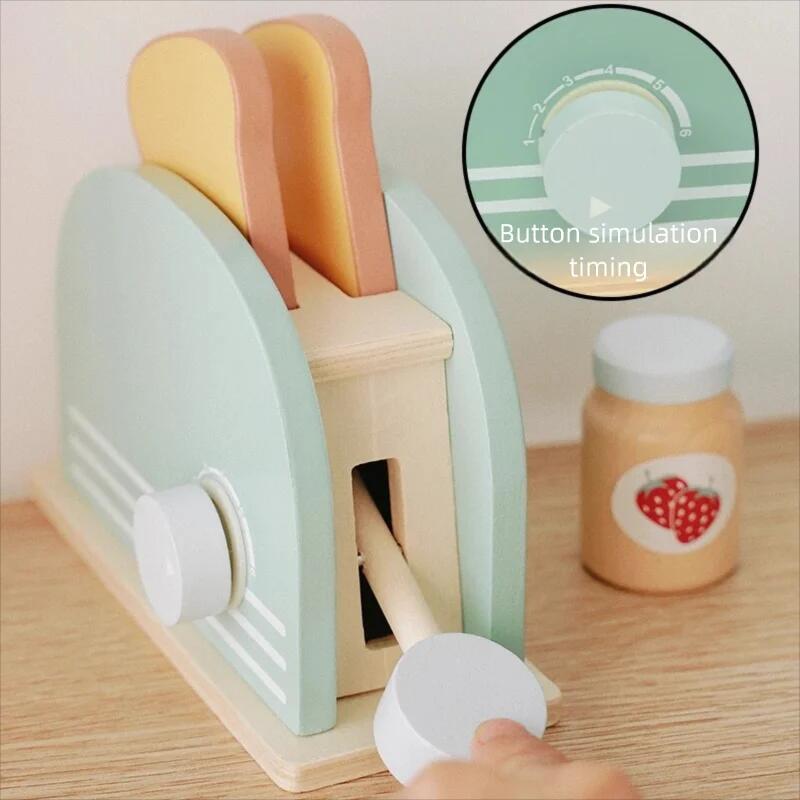Wooden Toaster Toy Kids Bread Machine Kit Pretend Play Kitchen Toys Set Breakfast Educational Toys Gifts for Girls Boys
