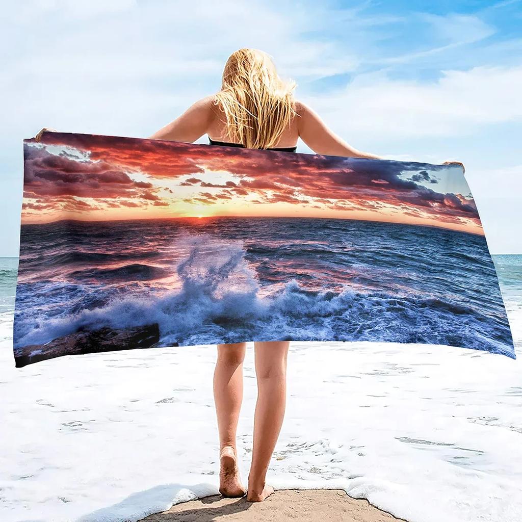 Strand Badepool Saugfähiges Handtuch,Strand Meeresküste Sonnenuntergang Strandwellen Küsten,Leichtgewicht Waschlappen Schnelltrocknend Sandfrei Poolhandtücher