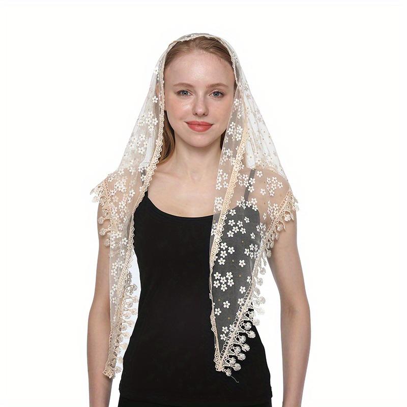 

Женский треугольный шарф для церковной молитвенной шаль, кружевная вуаль с вышивкой, головной убор с кисточками, вуали для церкви, мантильи