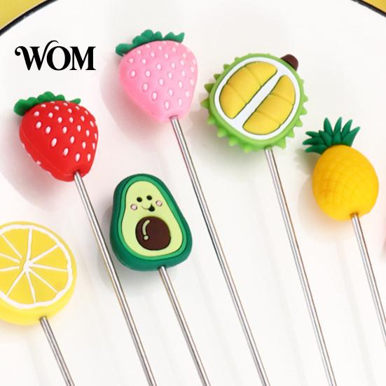 Cartoon Fruit Stirrer Cocktail Stir Stick, Stainless Steel Mixing with Durian Pineapple Strawberry Smooth Stick Watermelon Rubber Top Decor, Drink for